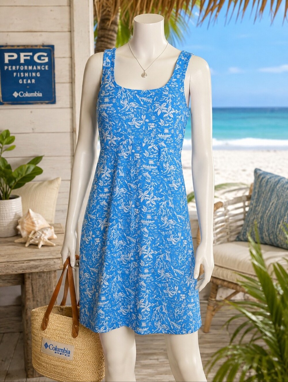 Columbia PFG Blue Tropical Fishing Print Performance Dress S